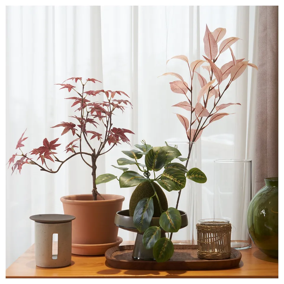 Shelf with red/green/peach plants, glass vase, green candle.