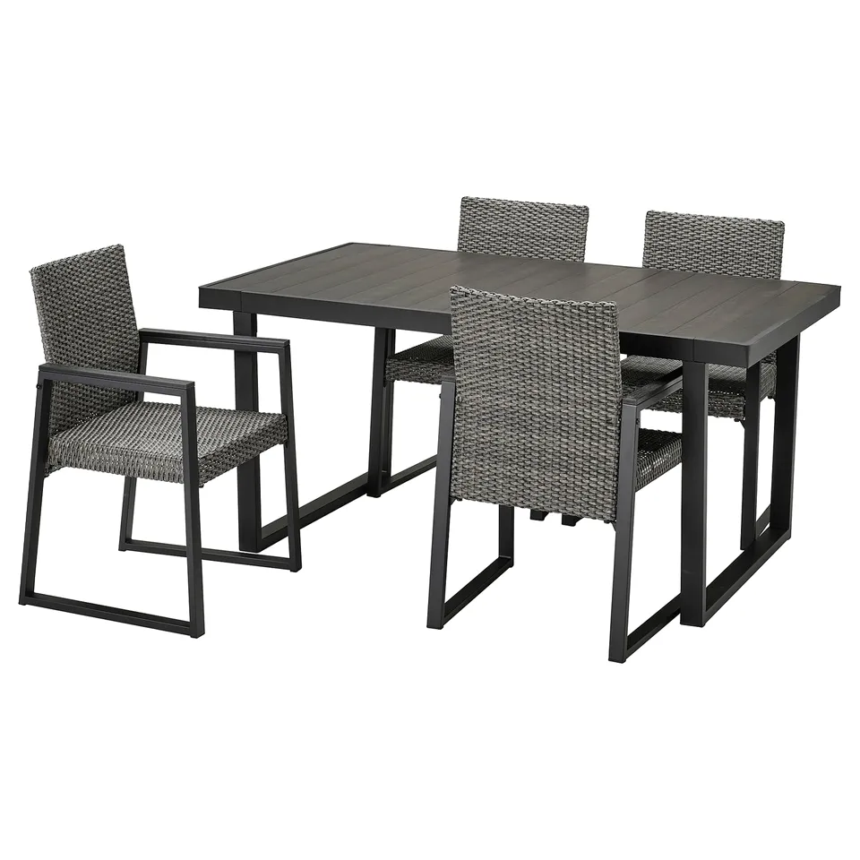 VÄRMANSÖ: sleek grey outdoor dining set with square table and four wicker chairs. Modern, durable, weather-resistant, with metal frames.