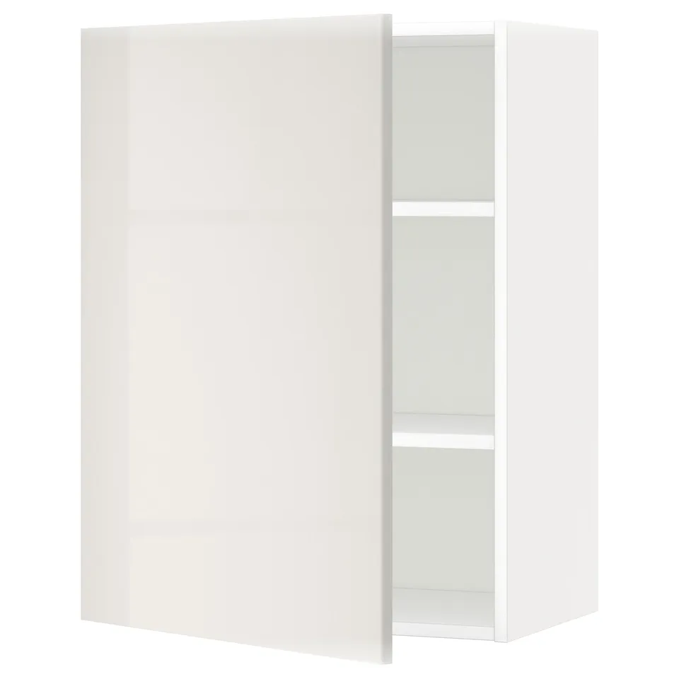 White high gloss kitchen cabinet, sleek modern design with single door and adjustable shelf.