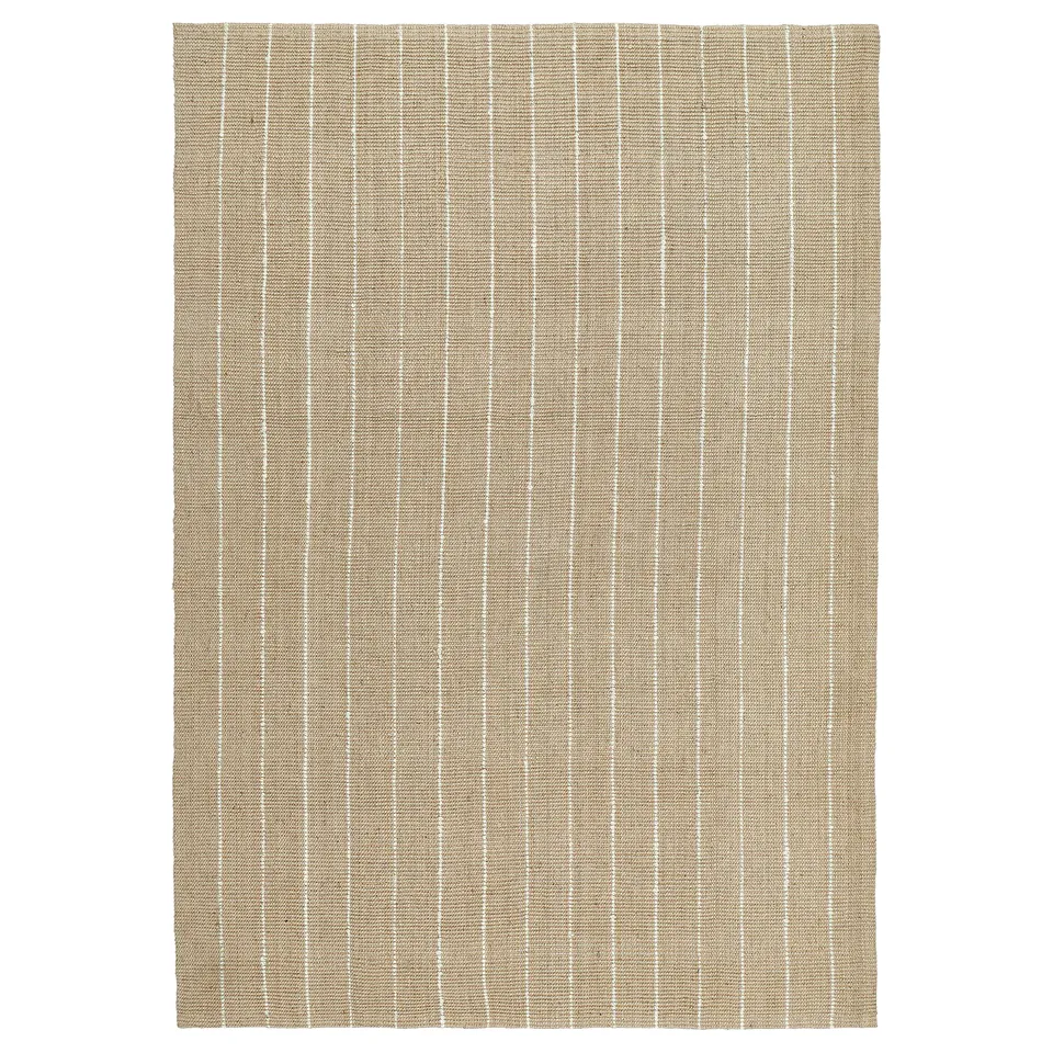 TIOKRONA jute rug with beige & white stripes, rustic braided edges.