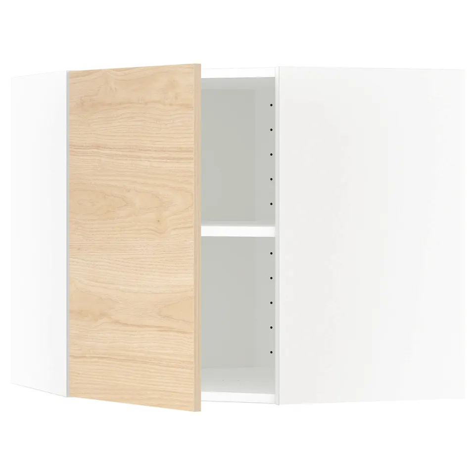 An open white ikea METOD kitchen cabinet with light ash wood door and adjustable shelf.