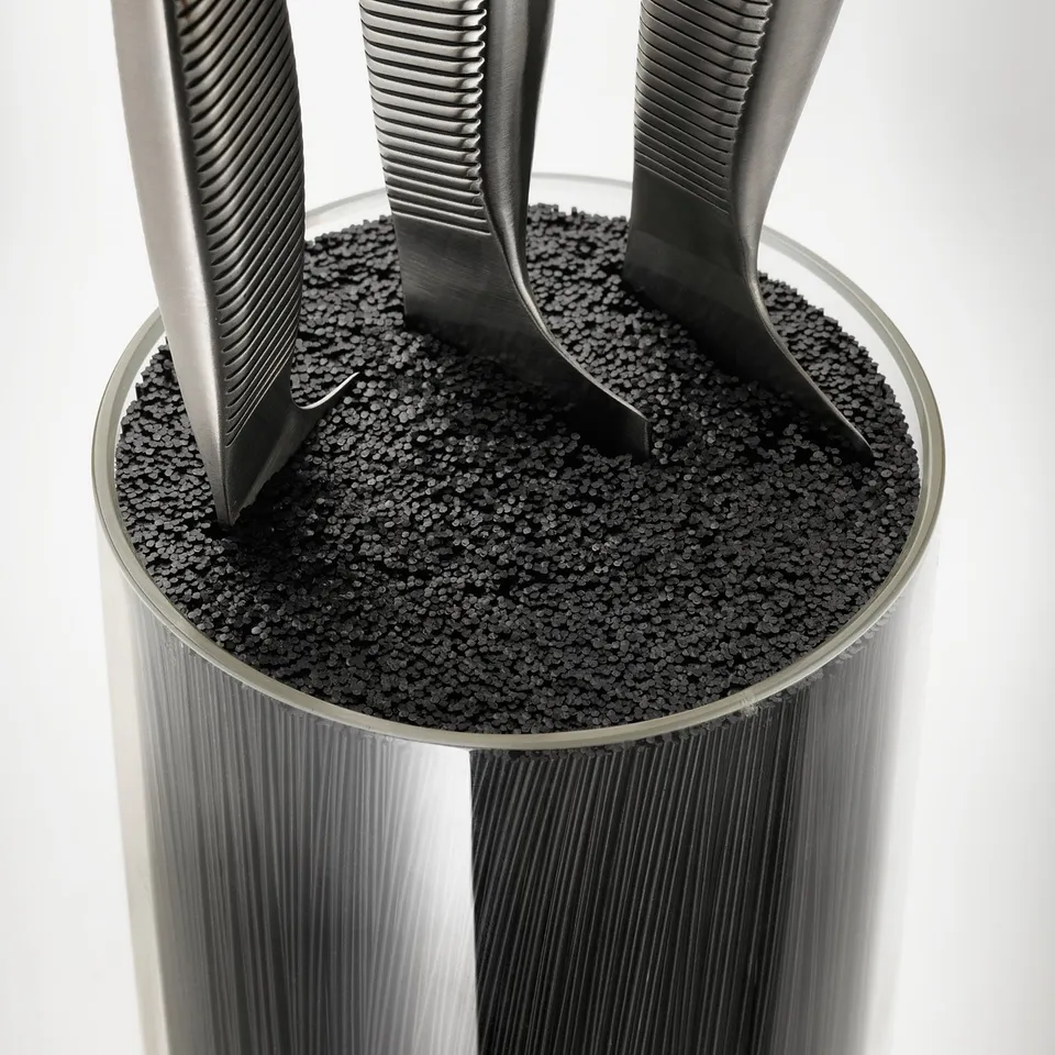 Knife block with flexible plastic strands for holding knives; cork base, glass tube, abs plastic tray.