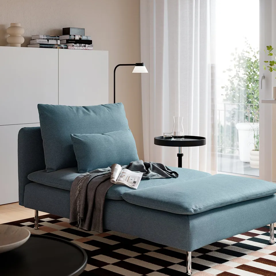 SÖDERHAMN chaise longue in light blue, soft cotton blend, large corner seat with pillows, grey throws, black tray, cosy modern minimalist living room.