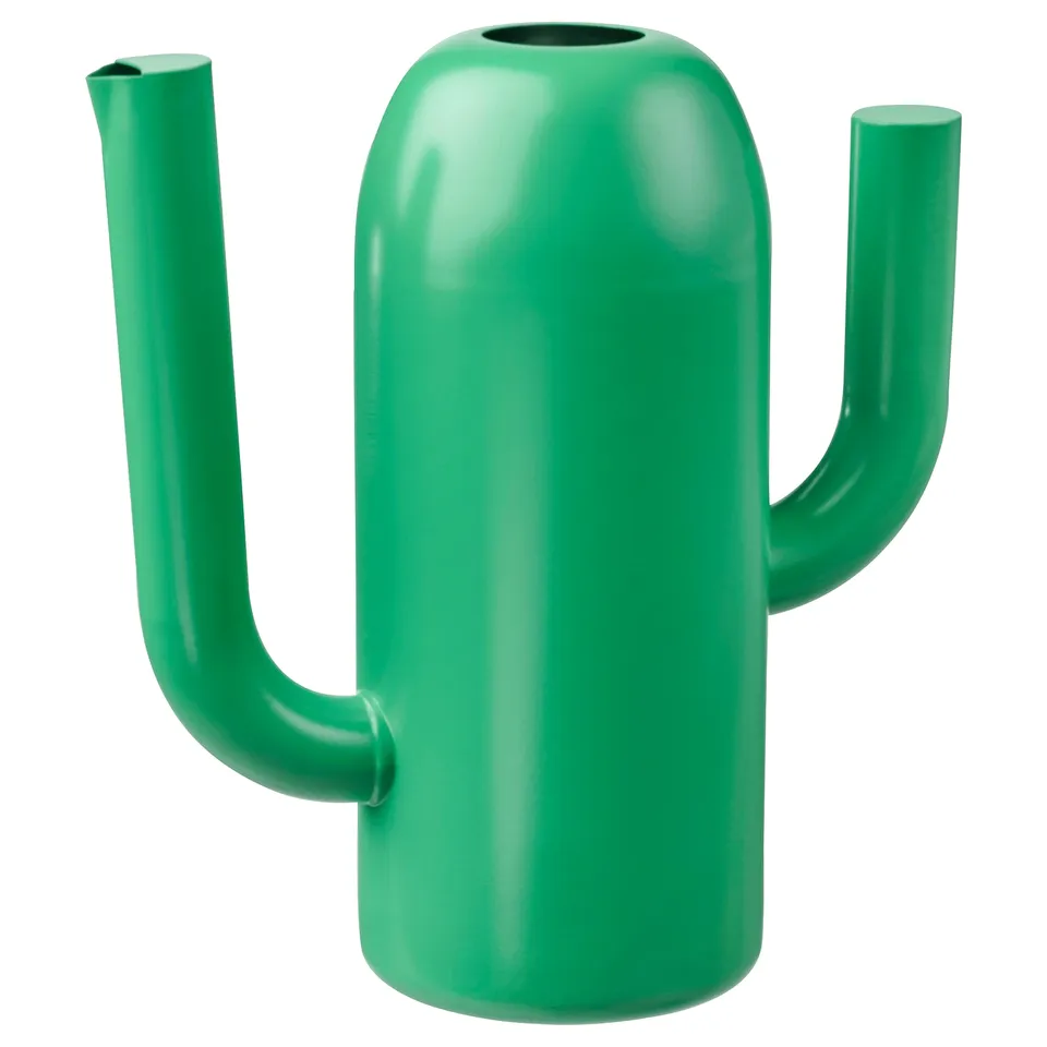 Bright green ÄRTBUSKE watering can, shaped like a cactus with 3 arms, made of stainless steel with powder coating.