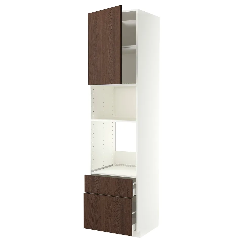 White METOD kitchen unit with dark brown sinarp wood drawers and shelf.
