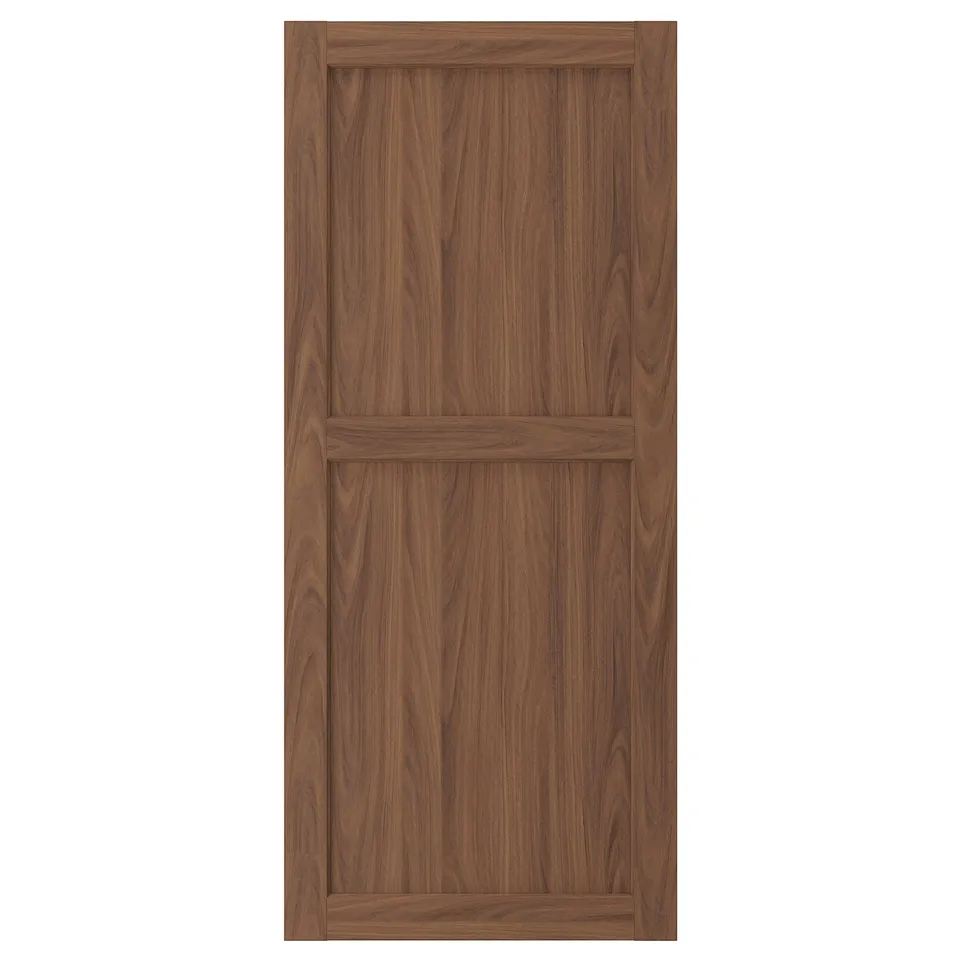 ENKÖPING brown walnut cabinet door, efficient design, durable foil, fiberboard frame.