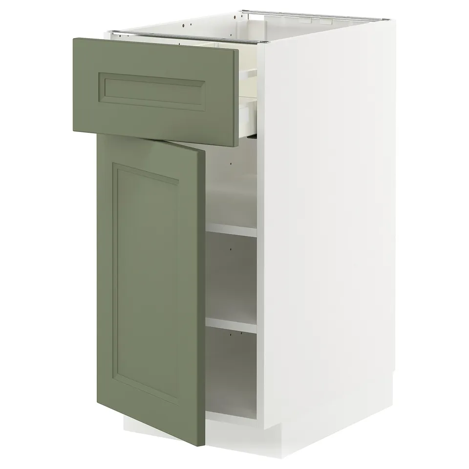 METOD kitchen cabinet in grey-green with one drawer open, white body, adjustable shelves.