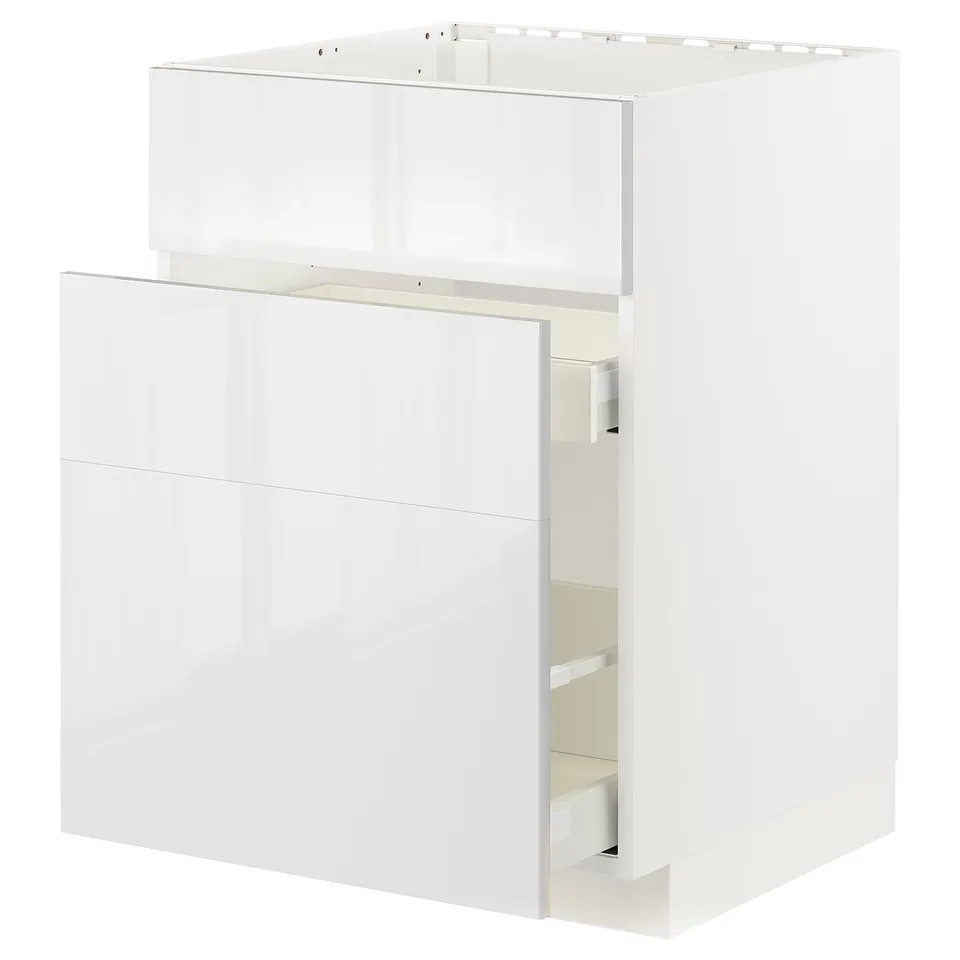 White METOD kitchen cabinet with modern, glossy finish and integrated drawers.