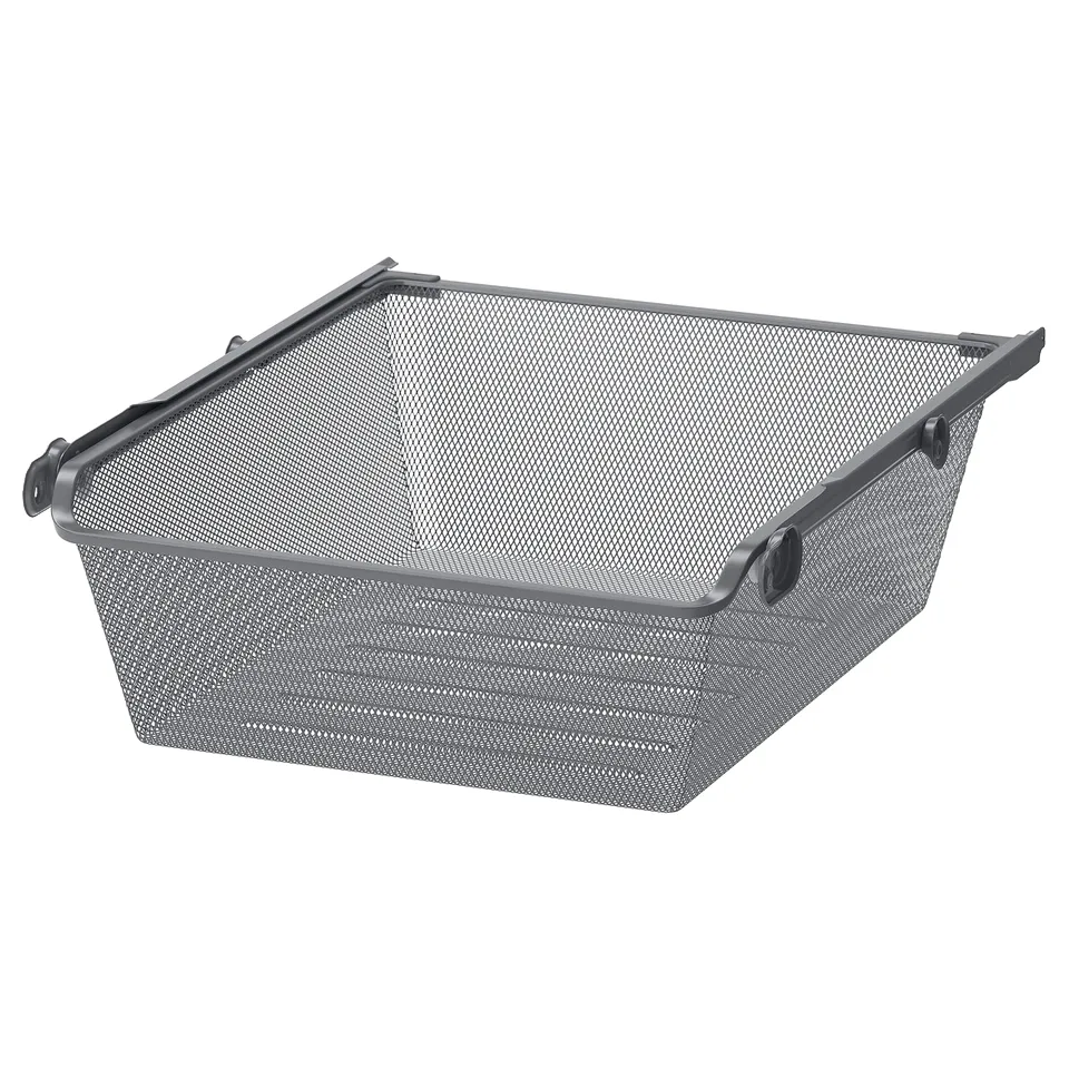 A grey, square metal mesh basket with handles and a pull-out rail for storage.
