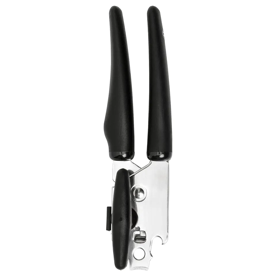 Black can opener, stainless steel and plastic, ergonomic handles, bottle opener.