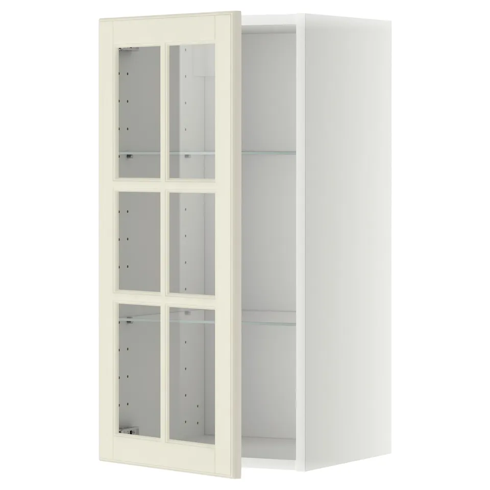 METOD kitchen cabinet in white with glass doors and adjustable shelves.