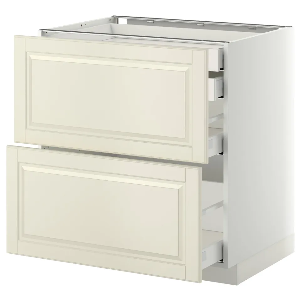 Off-white METOD kitchen cabinet with bevelled drawers, two large drawers, full-extension slides, and soft-close mechanisms.