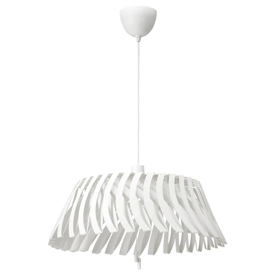 Modern white pendant lamp with adjustable, leaf-like shades, featuring a minimalist design, 100% recyclable materials.