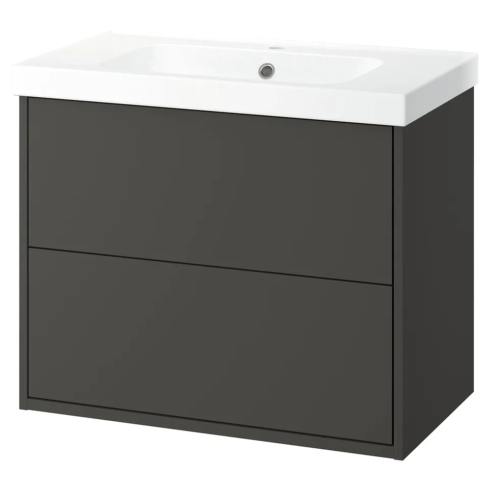 Dark grey HAVBÄCK vanity, white basin. Modern, wall-mount design. Two full drawers for bathroom storage.
