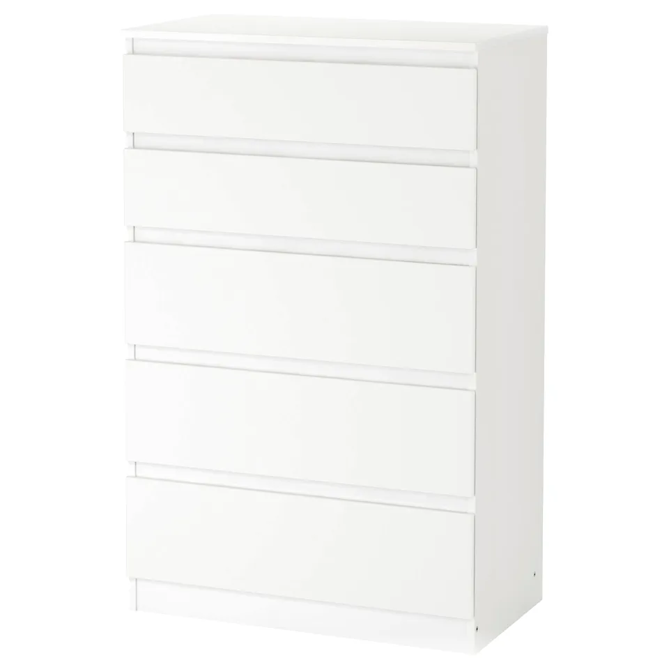 A KULLEN white chest of drawers with four drawers, a sleek design, and clean lines. Its made of particleboard and acrylic paint, perfect for bedrooms.