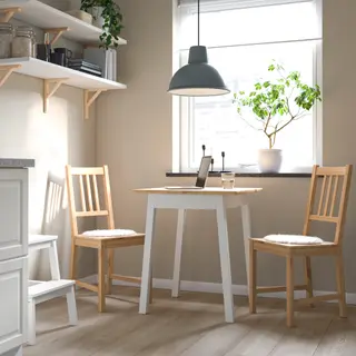 PINNTORP set: table + chair x2, light brown stained/white stained pine + light brown stained/pine, 65x65 cm