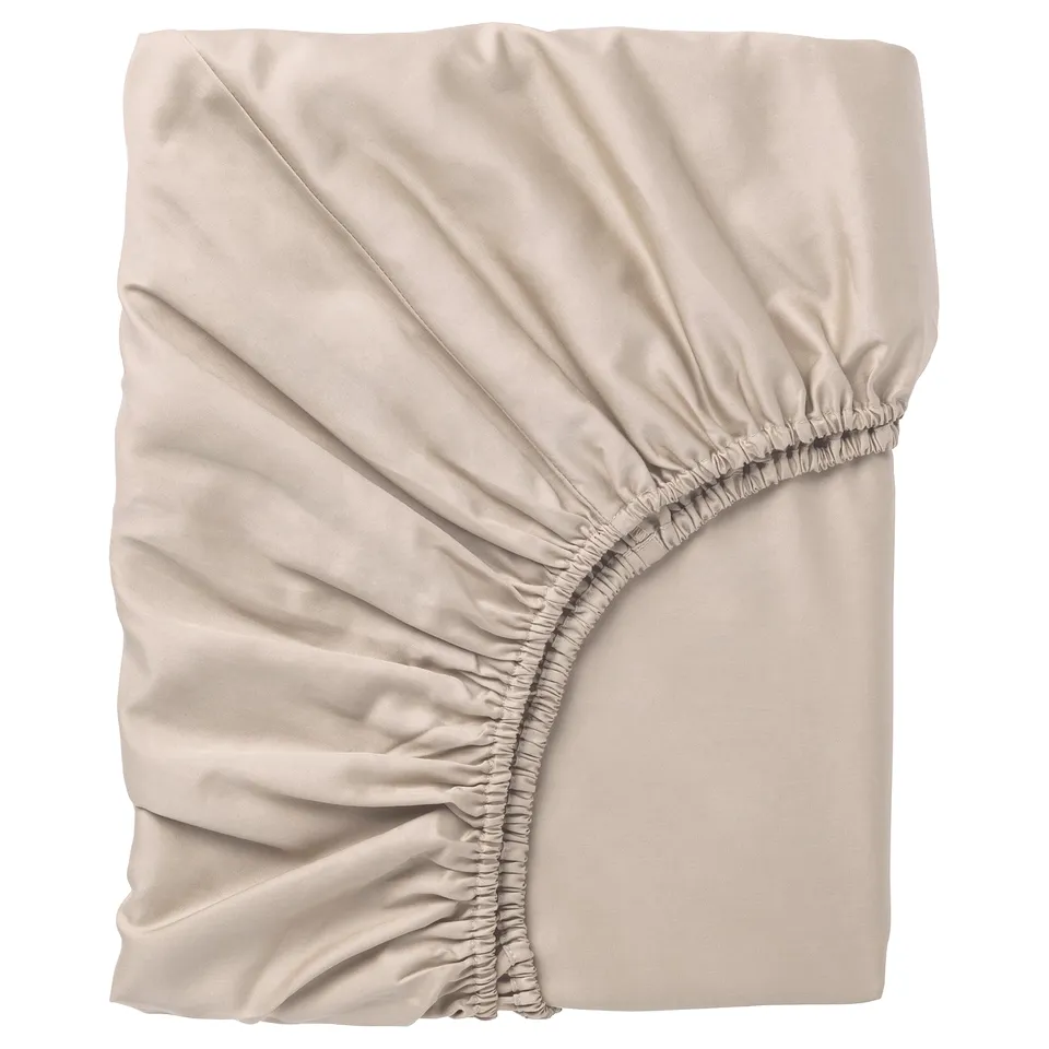 Nattcjasmin fitting sheet, beige, soft cotton/lyocell, square, ruffled elastic edge.