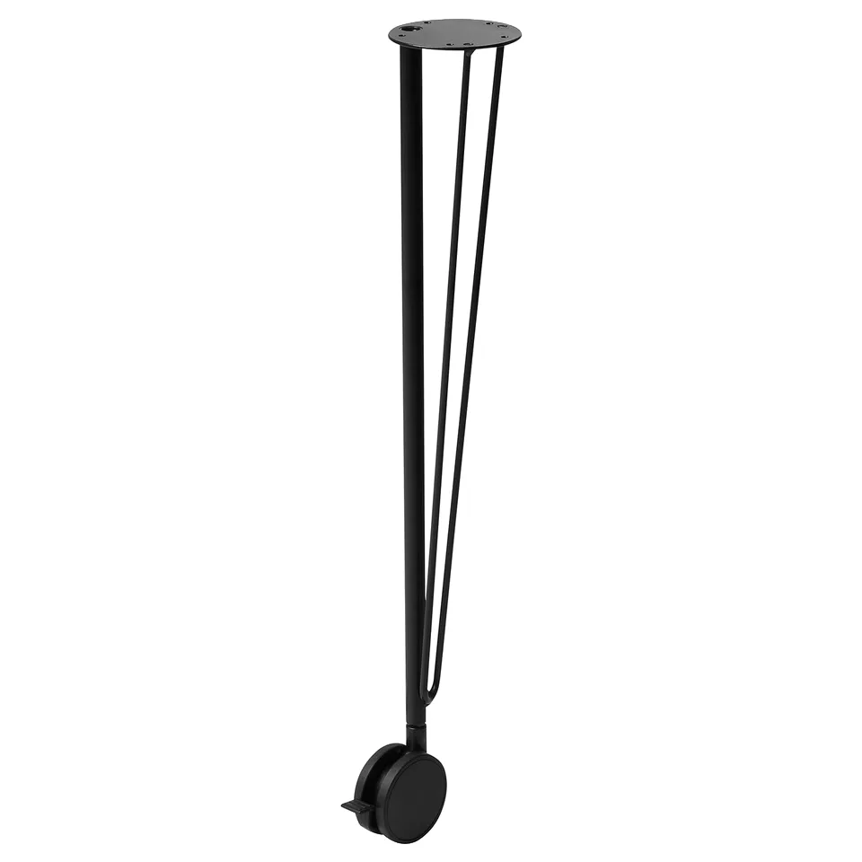 Black hairpin table leg with caster wheel, sleek and modern design, metal construction for stability.