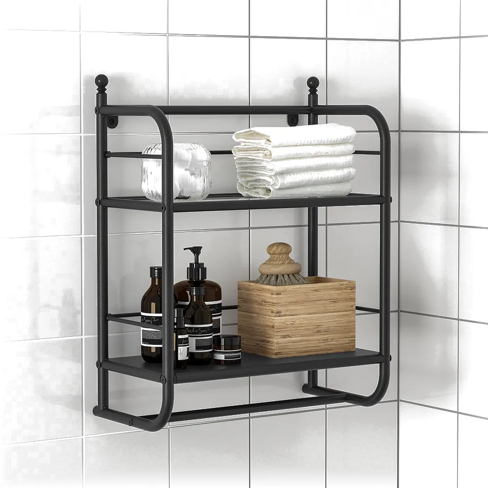 Black wall-mounted bathroom shelf, holding towels and toiletries.