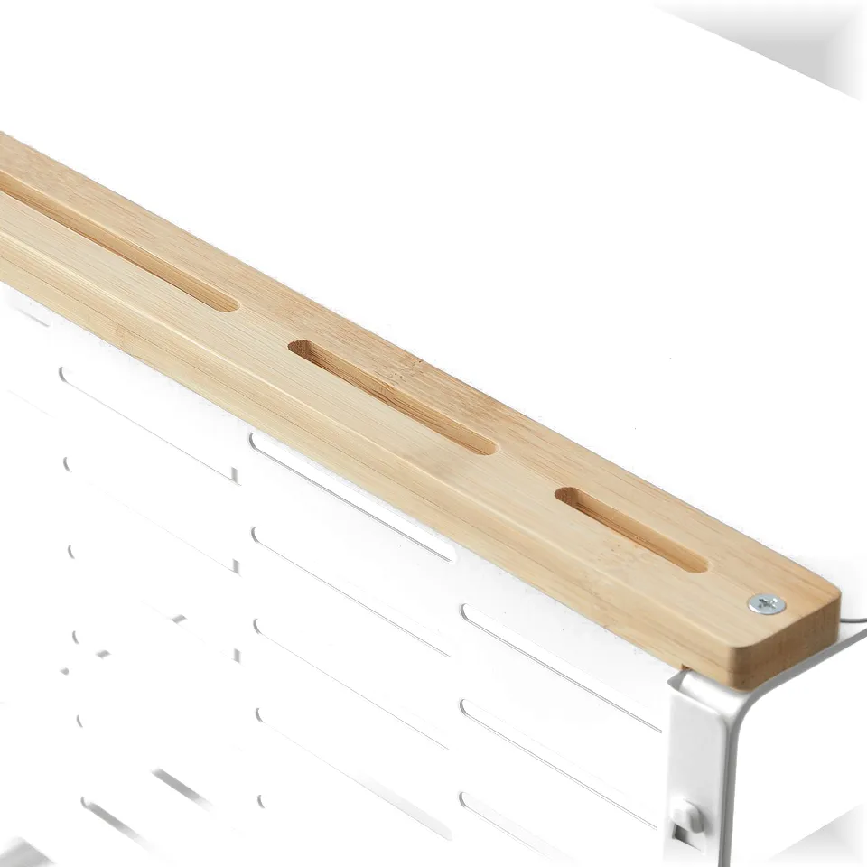 Wooden knife holder with slots for blades. Mounts on a white wall rack.
