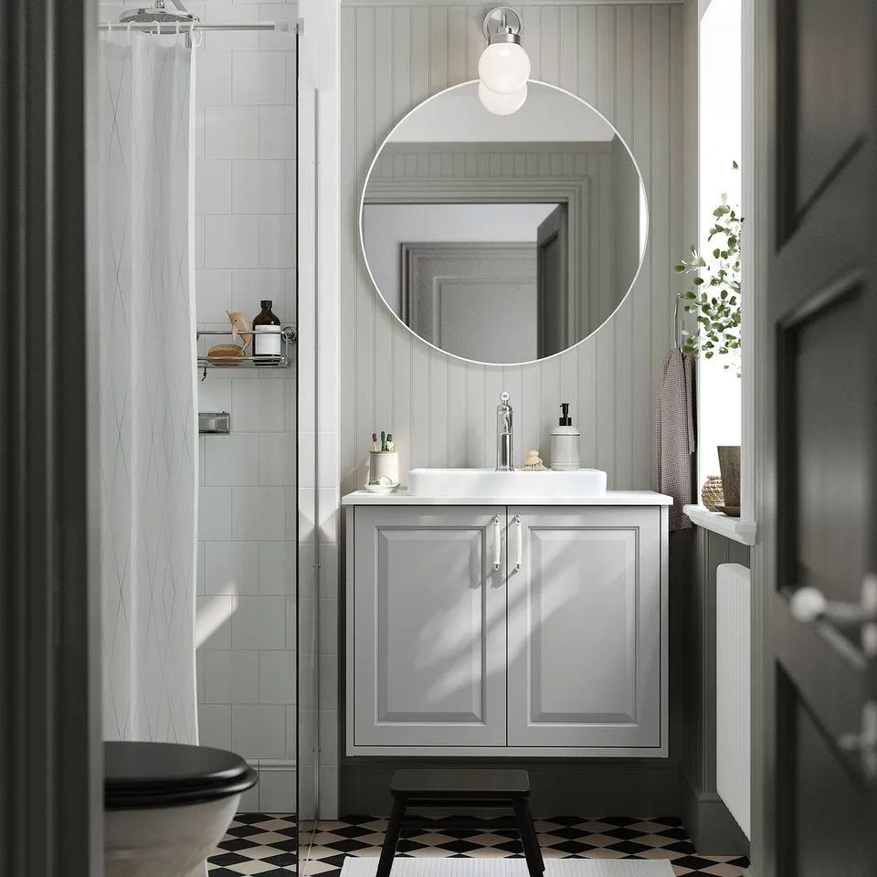 TÄNNFORSEN / ORRSJÖN Wash-stnd w doors/wash-basin, light grey/white marble effect, 82x49x71 cm