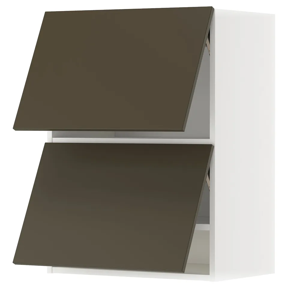 METOD dark brown kitchen cabinet with white frame.