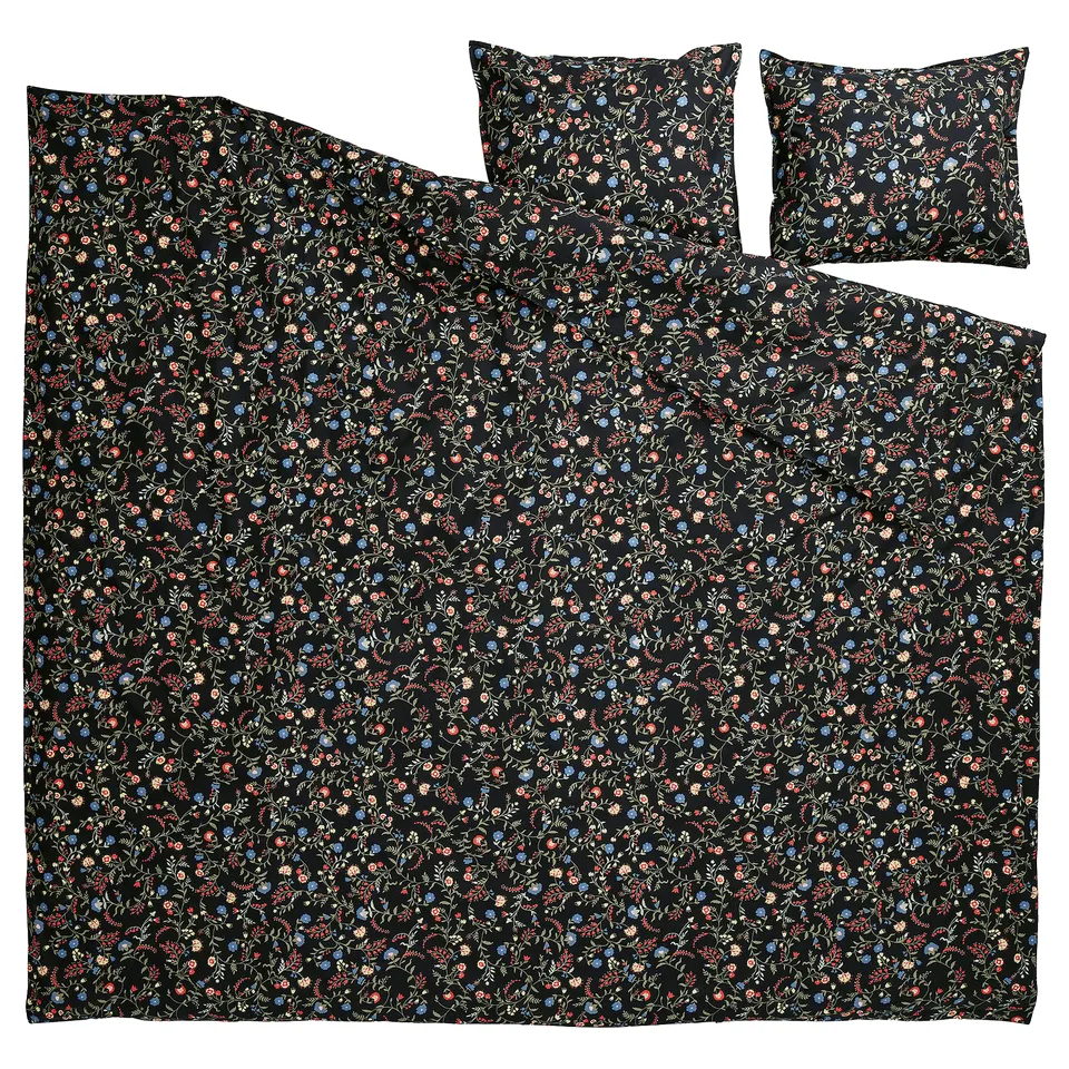 Black duvet set with wildflower pattern, includes duvet cover, flat sheet, pillowcases, eco-friendly, breathable.
