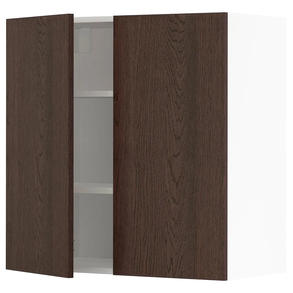 Dark brown wooden kitchen cabinet with open door, featuring a modern design and metal hinge detail.