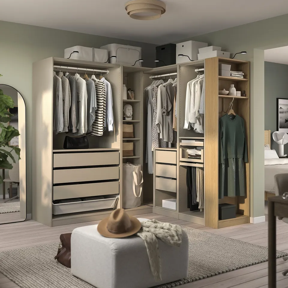 PAX Corner wardrobe, grey-beige/grey-beige oak veneer, 210/180x201 cm
