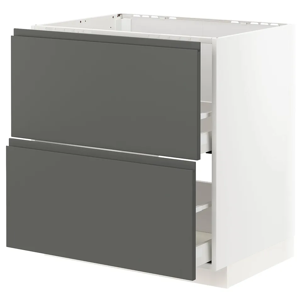 Modern grey kitchen cabinet set with white interior, featuring two drawers and sleek, handle-less design.