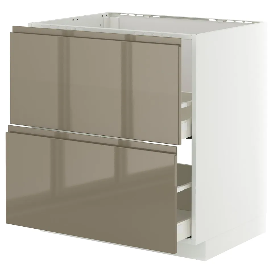 Modern kitchen cabinet METOD with two large handleless dark grey-brown drawers and white frame.