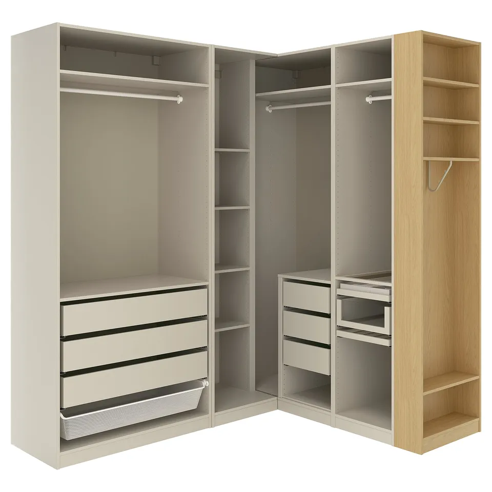 PAX Corner wardrobe, grey-beige/grey-beige oak veneer, 210/180x236 cm