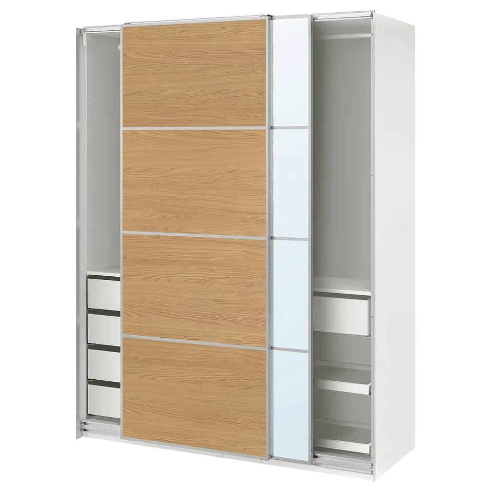 PAX / MEHAMN/AULI Wardrobe with sliding doors, white aluminium/oak effect mirror glass, 150x66x201 cm