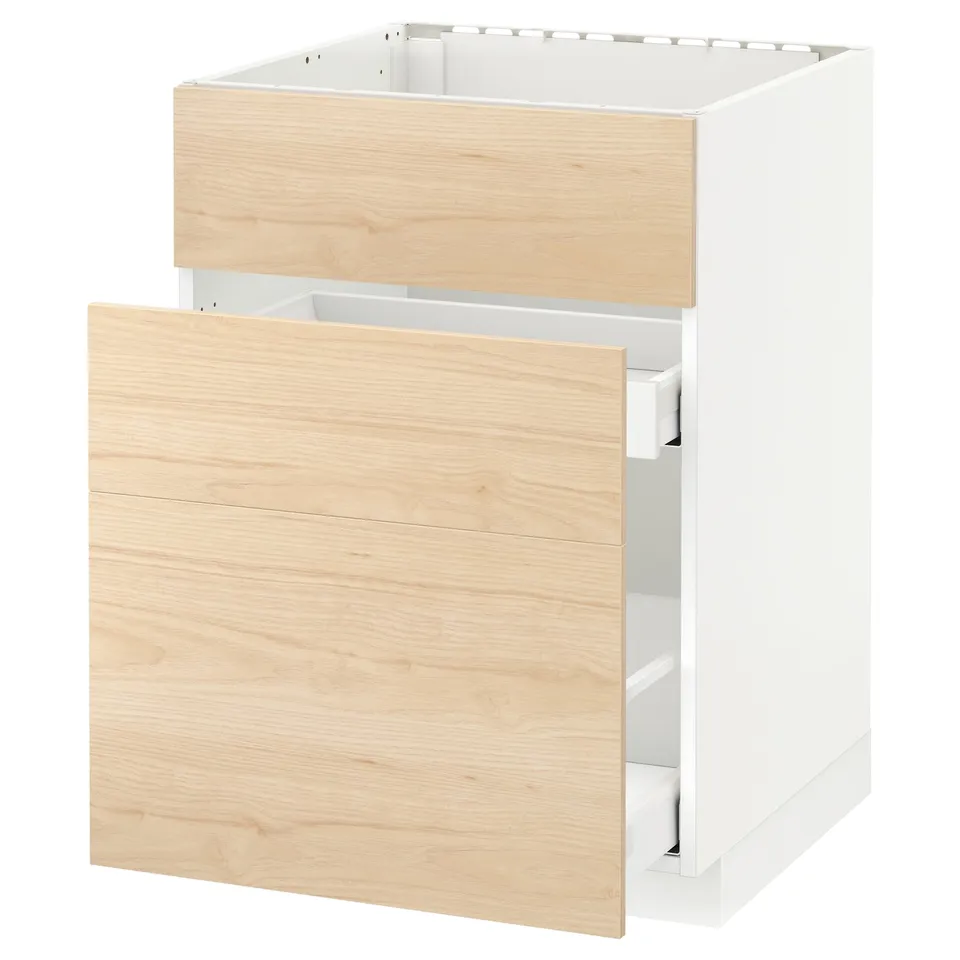 An ikea METOD kitchen cabinet with light ash wooden drawers.