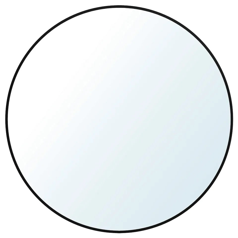 Round wall mirror with black aluminium frame, modern design.