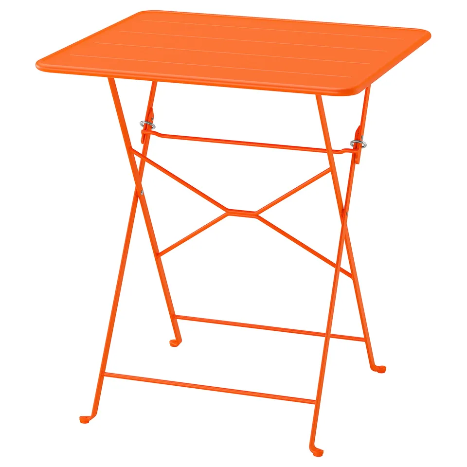 Bright orange foldable outdoor table, square top, metal frame.