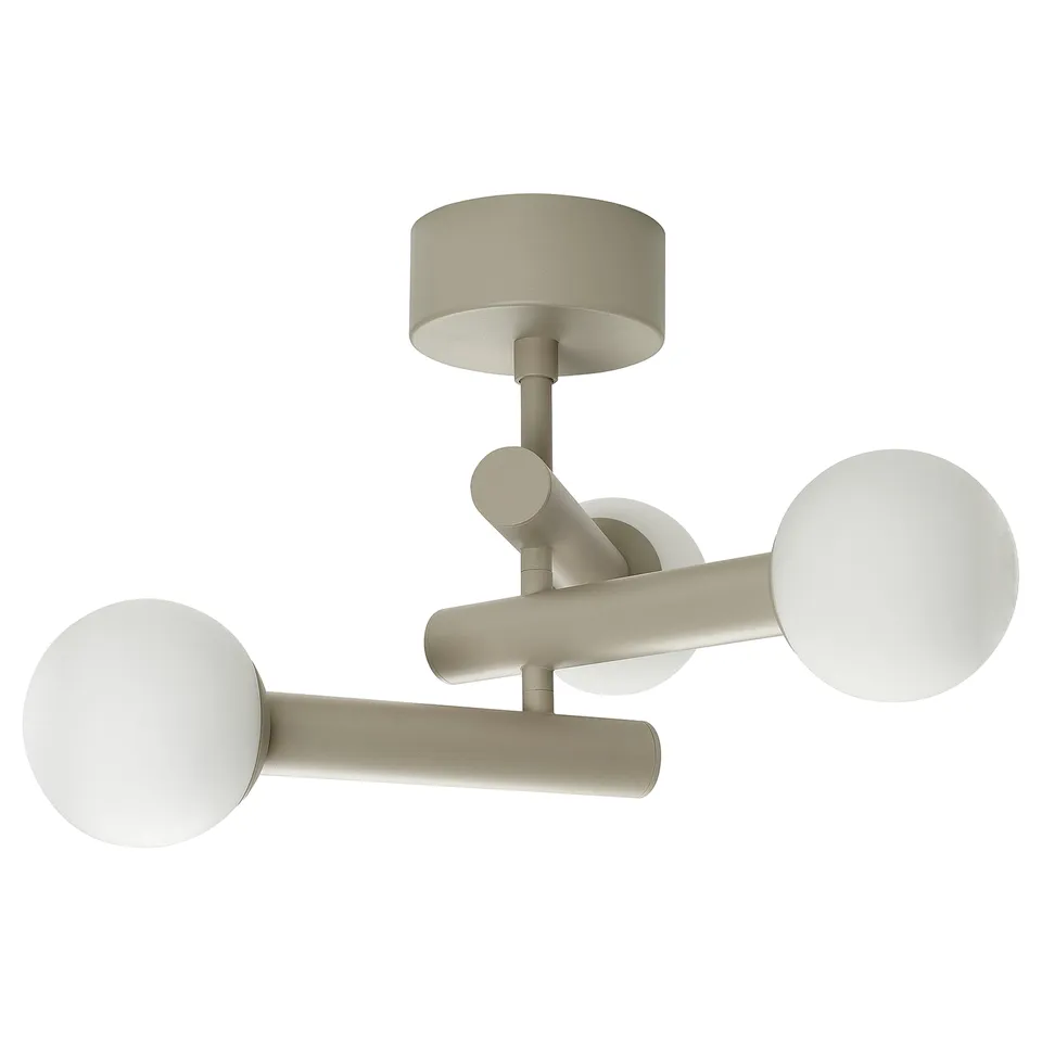KRANBALK ceiling lamp, three white glass globes on metallic arms, modern, chrome finish, circular base.
