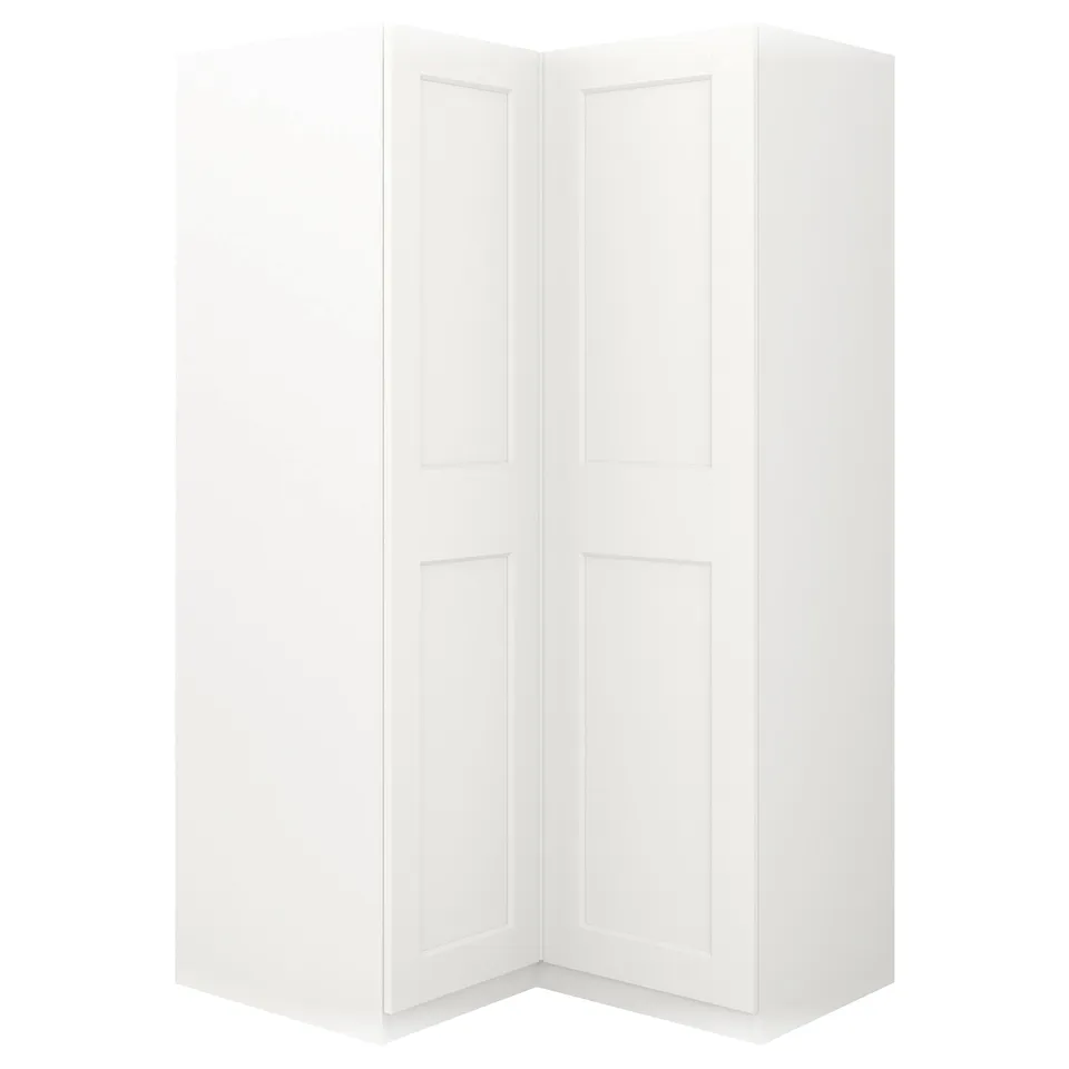 White ikea PAX corner wardrobe, minimalist design, multiple compartments.