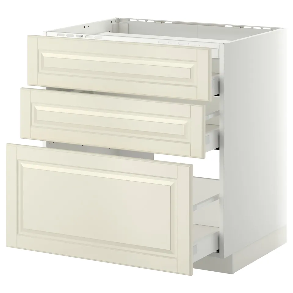 Off-white METOD kitchen cabinet with three drawers and smooth edges.