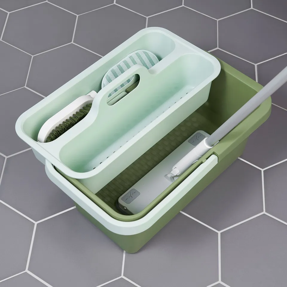 Green PEPPRIG cleaning bucket with caddy for tools, stable base with grip handle.