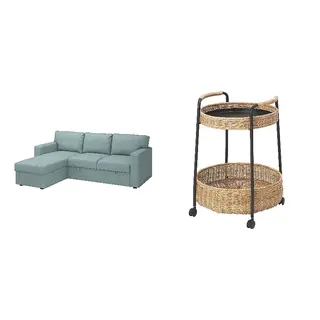 BÅRSLÖV/LUBBAN set: 3-seat sofa-bed with chaise longue + trolley table with storage, Tibbleby light grey-turquoise + rattan/anthracite, Width 236 x Depth 153 x Height 90 cm