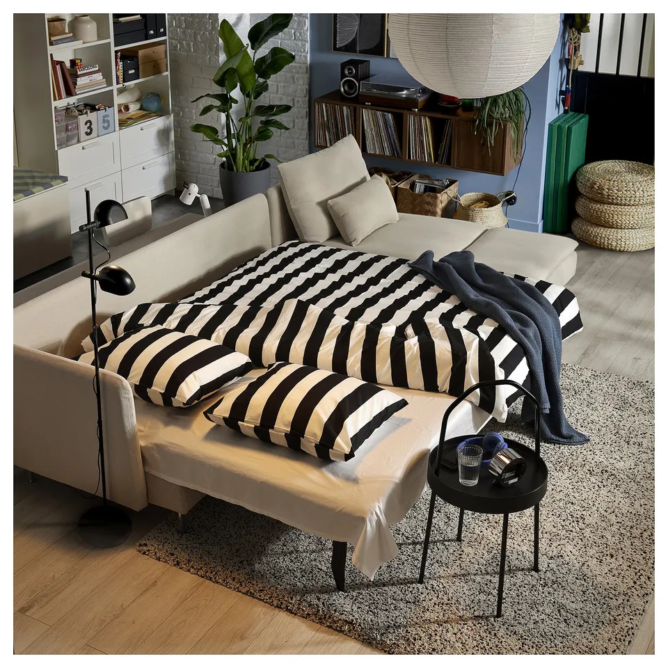 SÖDERHAMN 4-seat sofa-bed, with chaise longue with open end/Fridtuna light beige