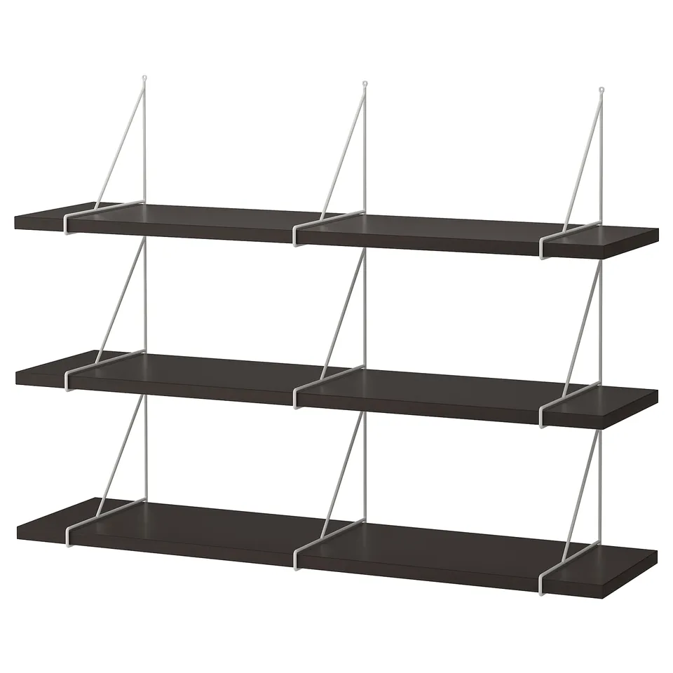 Black wall shelf BERGSHULT with three tiers and metal brackets.