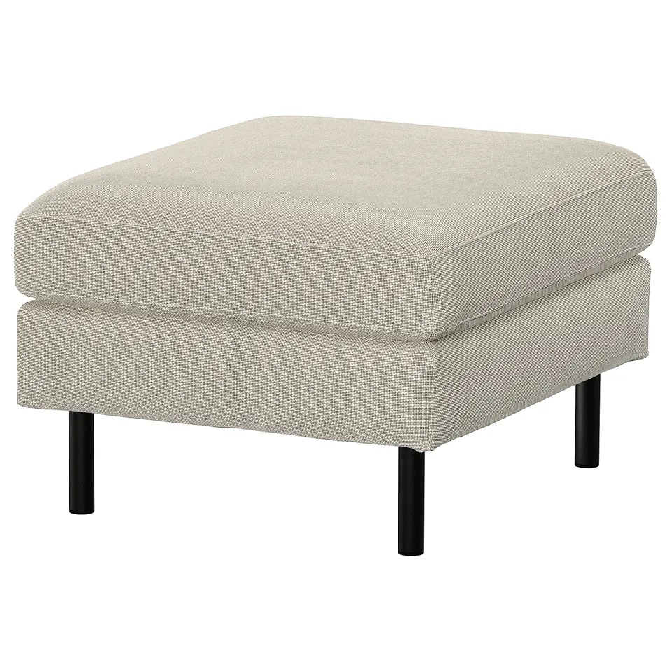 SALTSJÖBADEN footstool, beige, fabric-covered, rectangular, four black metal legs.