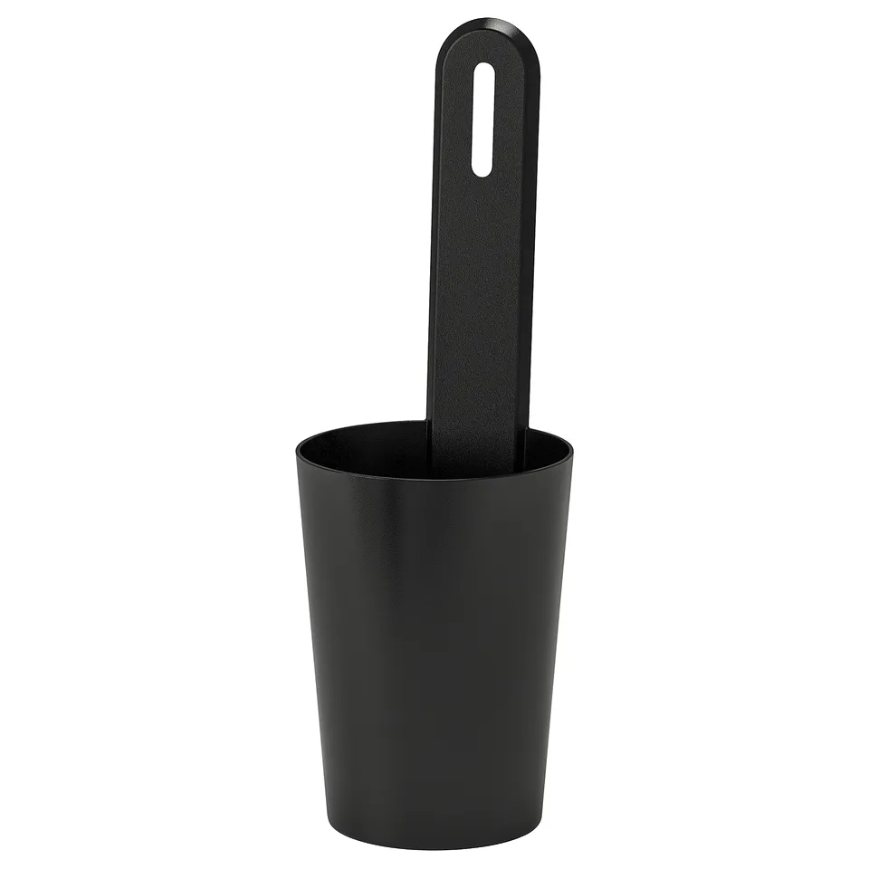 Black plastic container with handle, cylindrical shape, for storage.
