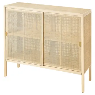 STOCKHOLM 2025 cabinet with sliding doors, rattan/pine, 125x47x110 cm