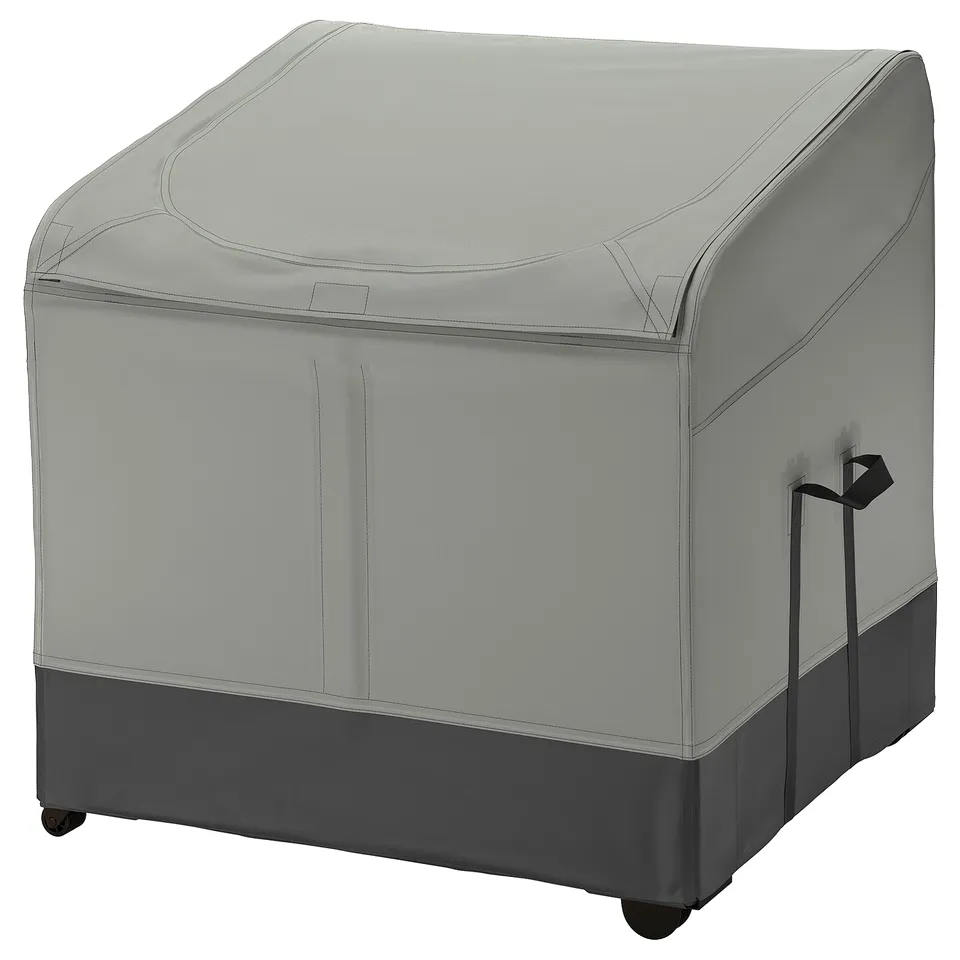 Cover for outdoor cushions, grey, durable, rectangular with handles.
