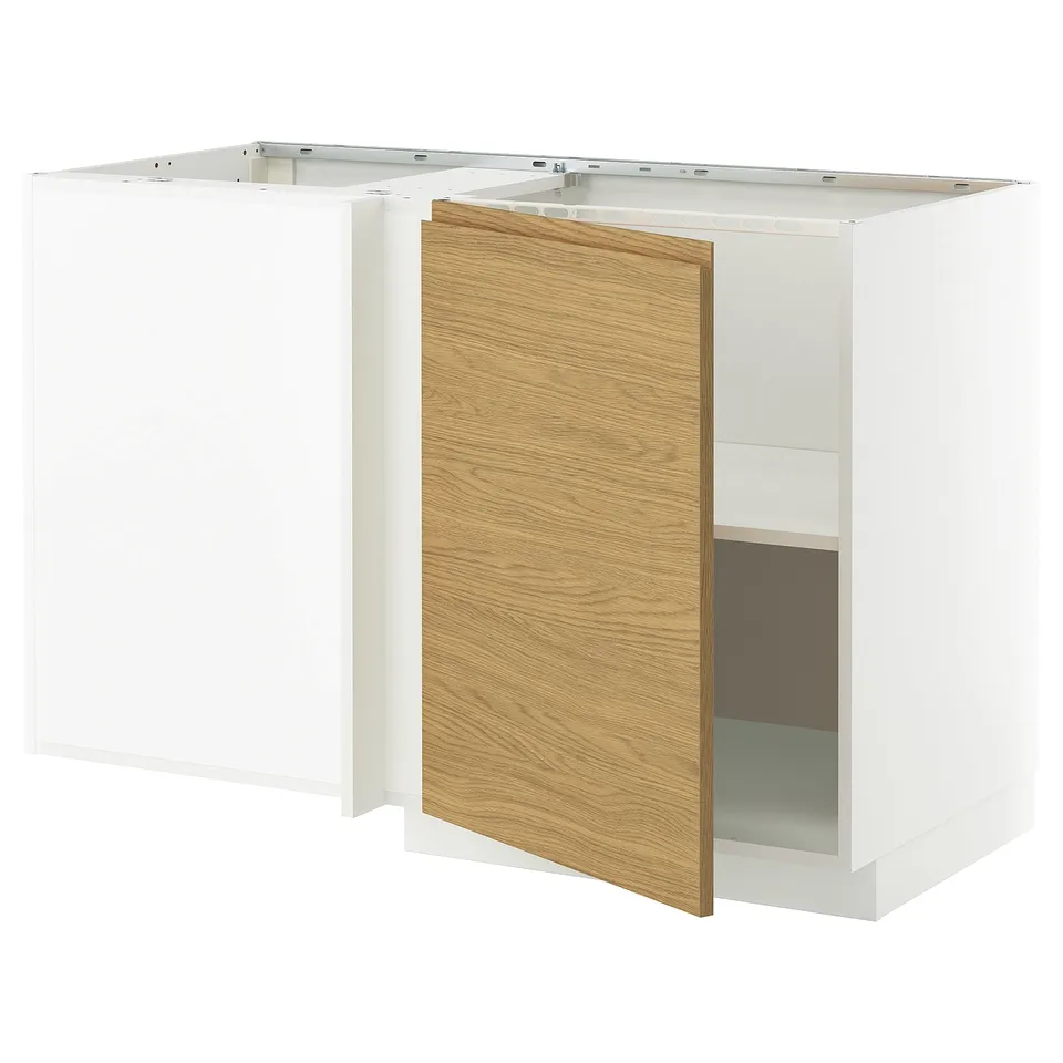 White ikea METOD kitchen unit with oak effect door and integrated handles.