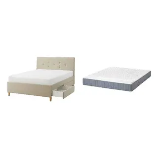 IDANÄS/VALEVÅG Bed with 24cm thick mattress, pocket sprung, foam,5 comfort zones, super firm, Naggen beige + super firm/light blue, 150x200 cm