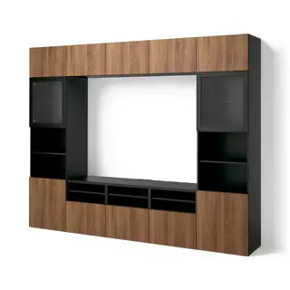 BESTÅ TV storage combination/glass doors, black-brown Lappviken/brown walnut effect, 300x42x231 cm
